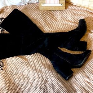 Black velvet thigh high boots